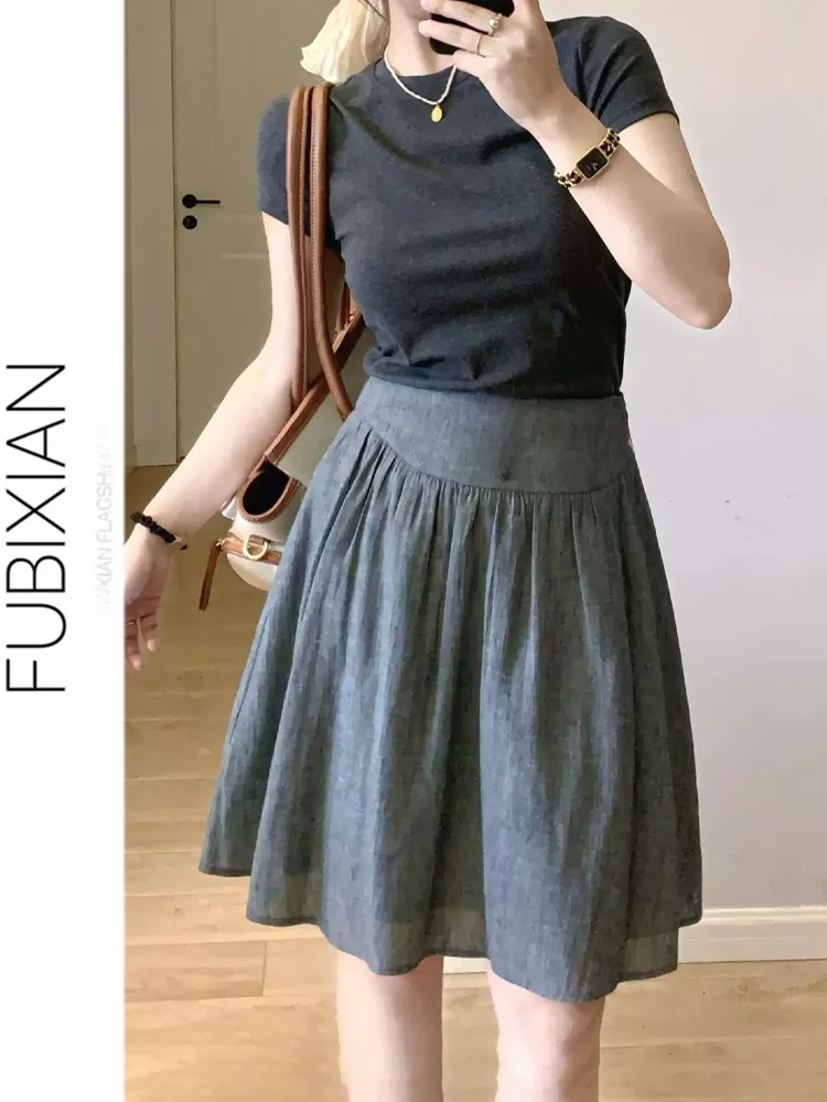

Retro Grey Pleated A-Line Skirt Women's Summer High Waist Design Hip Concealment Slimming Versatile Midi Skirt