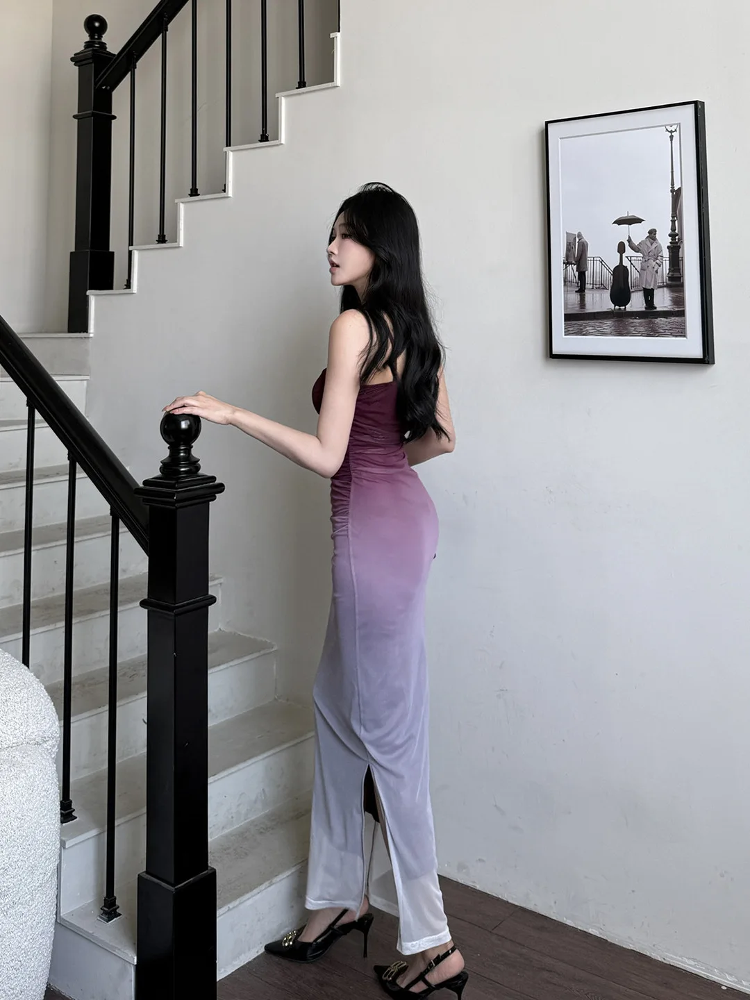 Retro Y2K Strandurlaub Mesh Farbverlauf Lila Hüftumarmendes Kleid für Frauen Sexy schulterfreies, plissiertes, figurbetontes Kleid mit seitlichem Schlitz