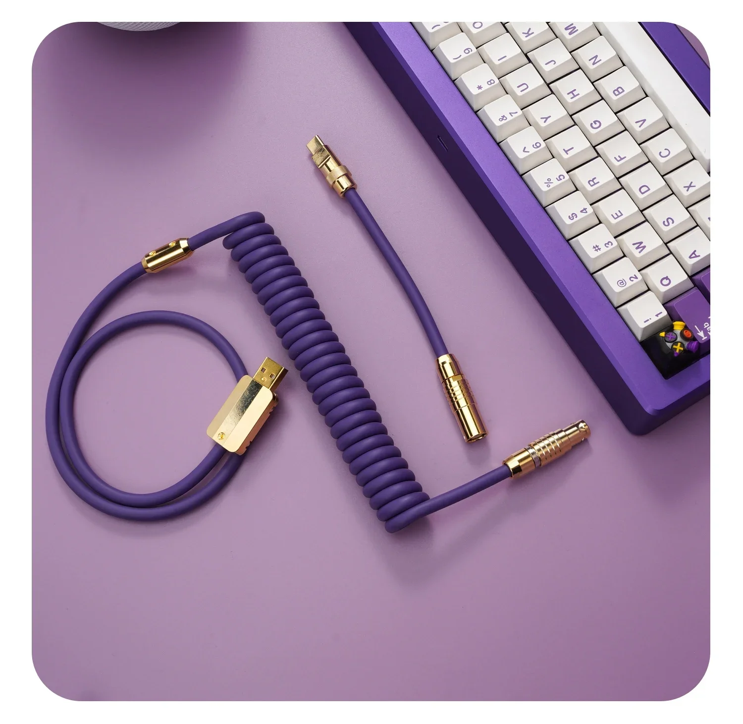 GeekCable Customized Mechanical Keyboard Data Line Top With Gold Hardware Super Elastic Rubber Purple