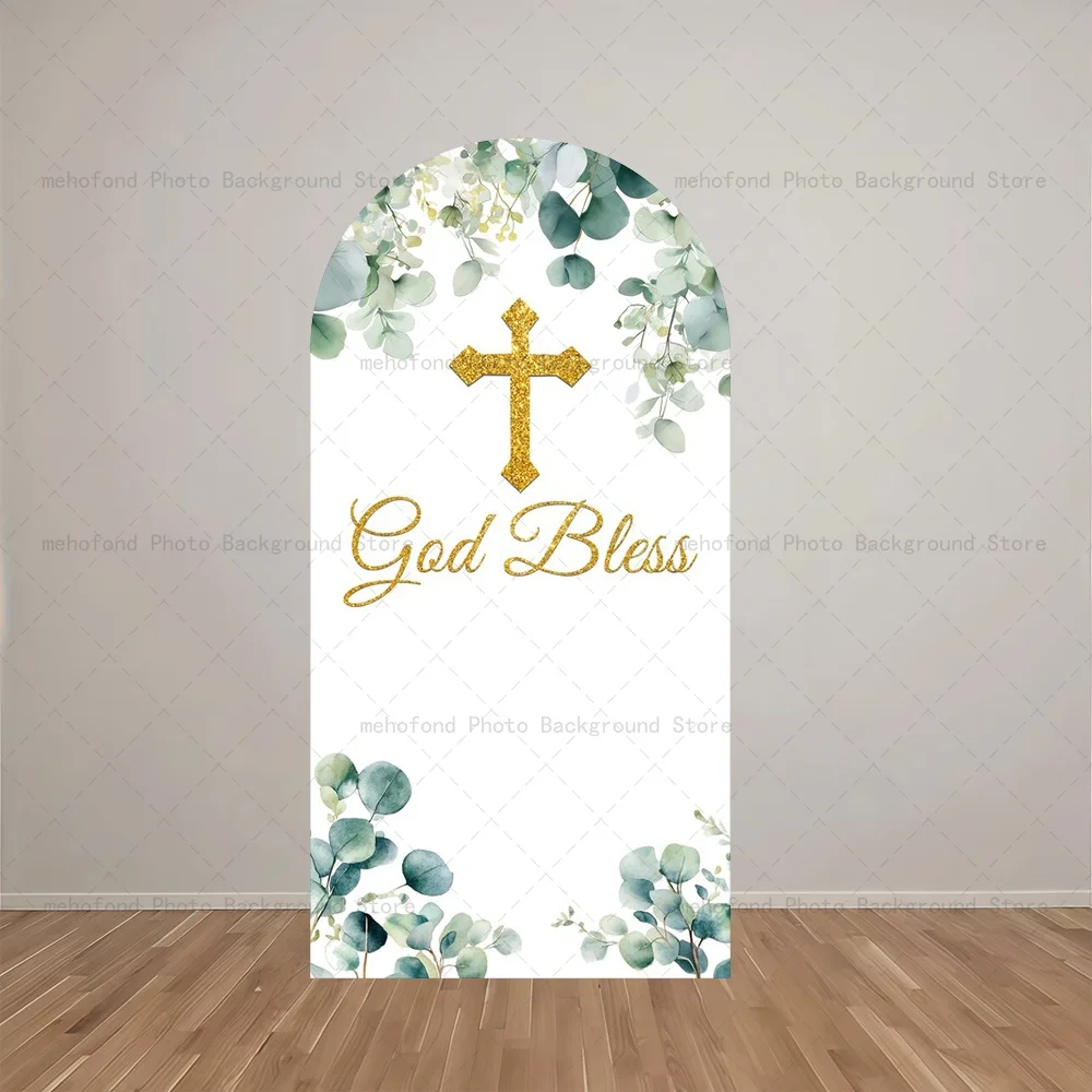 Mehofond Arch Backdrop God Bless Baptism Green Leaves Embellish Kids Baby Birthday Party Decor Studio Photography Background