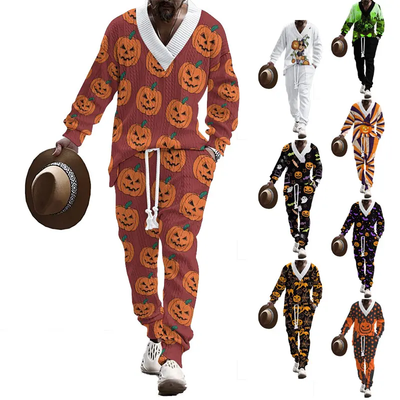 

2024 Spring And Autumn New Casual Men's Halloween Personality Fun Pumpkin Head Digital Printed Long Sleeve Pants Two-piece Set