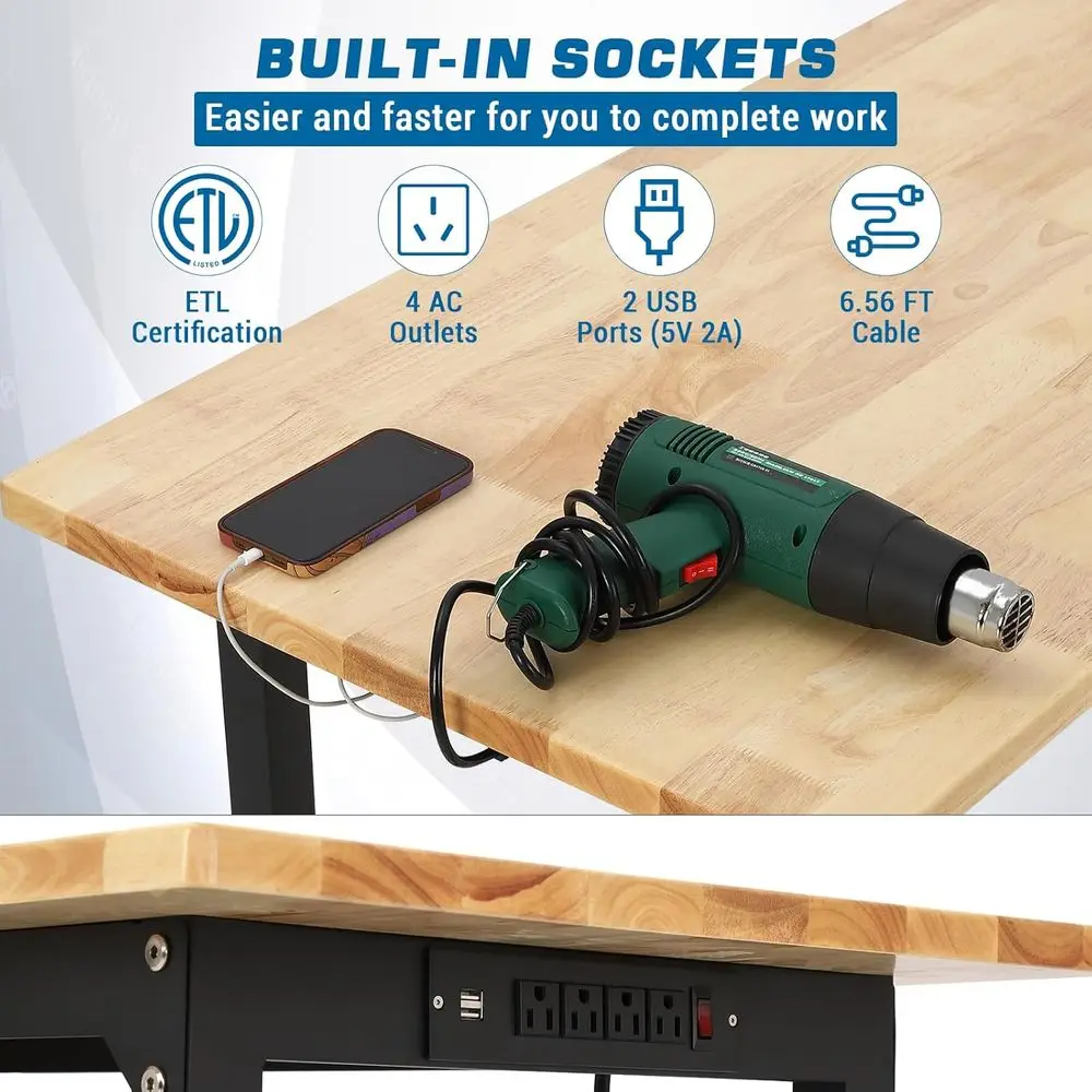 60 x 24 Adjustable Height Rolling Workbench with Pegboard, 4 Outlets, 2 USB Ports, Heavy Duty Woodworking Table