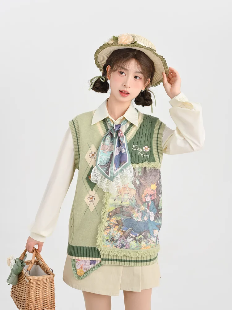 2025New V ネックオーバーラッププリントニットベスト女性デザインセーターチョッキ韓国甘いプルオーバー