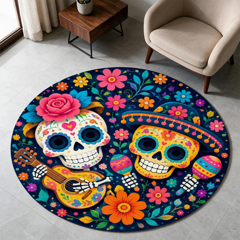 Vibrant Day of the Dead Sugar Skull Fiesta Area Rug Bohemian Mexican Culture Home Decor Mat