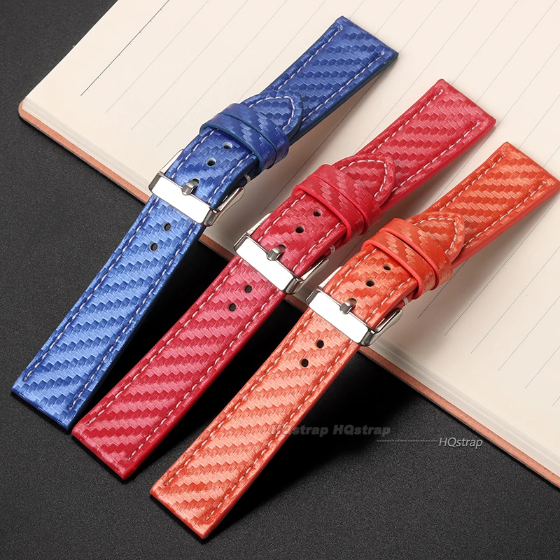 Leather Bracelet Carbonfiber Grain Watchband 18mm 20mm Red Orange Black Blue Brown Wristband 22mm 24mm Watch Strap for Seiko