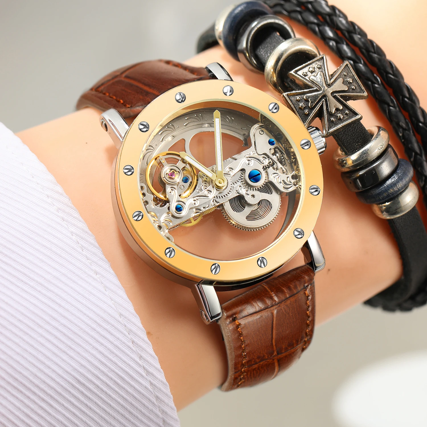 2024 Top Brand Luxury Steel Skeleton Tourbillon Automatic Watch Men Leather Mechanical Waterproof Luminous Elegant Wrist Clock