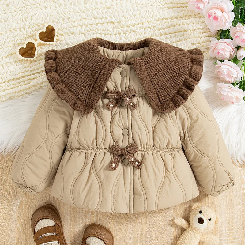 Winter Casual Cute Baby Girl Cotton Coat Girls\' Spliced Large Lapel Bow Solid Color Long Sleeved Cotton Coat