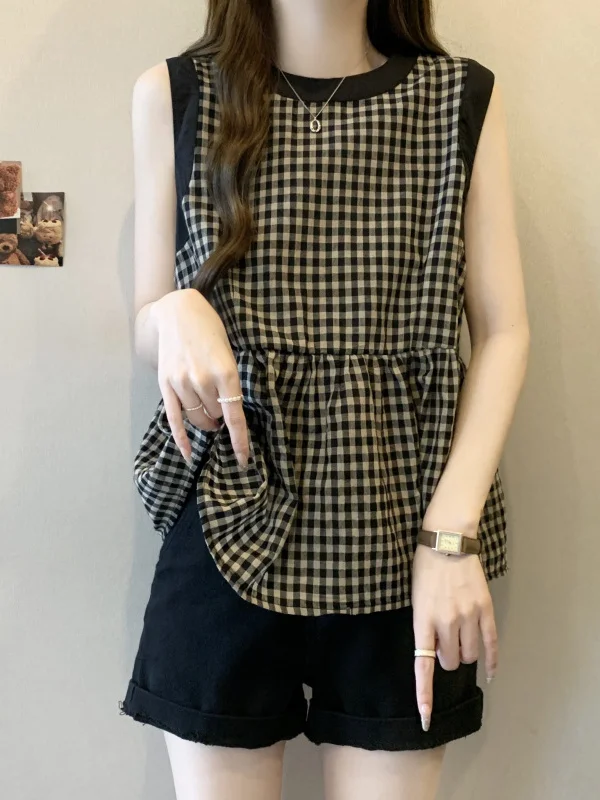 

Женская летняя рубашка больших размеров свободного кроя в клетку с декоративным подолом, повседневная, из полиэстера