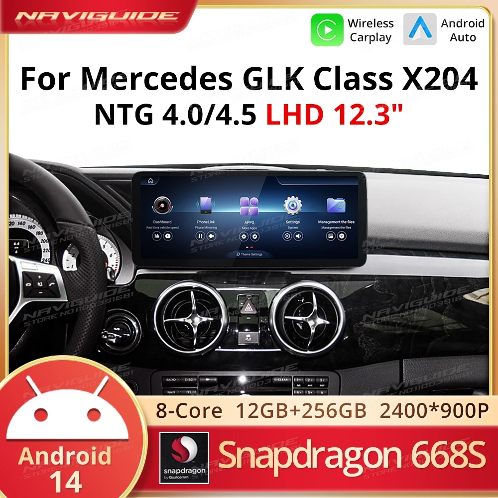 NAVIGUIDE Android 14 For Mercedes GLK Class X204 LHD Wireless Carplay Android Auto Intelligent Car Navigation Multimedia Player