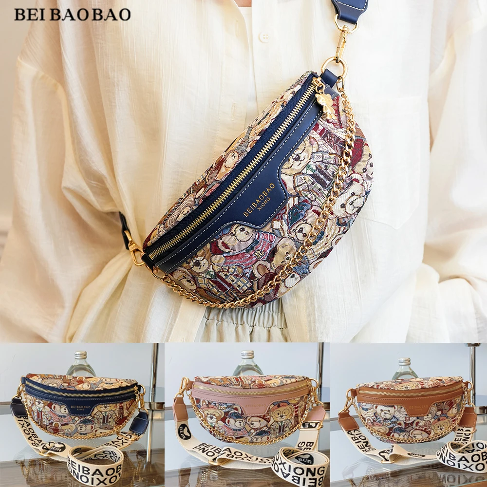 Beibaobao 2024 Summer New Fashion Canvas Small Bag Bear Shoulder Cross Shoulder Lightweight Chest Bag Women\'s Bag Waist Bag