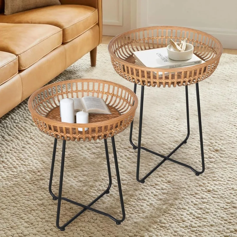 طاولات قهوة متداخلة من الخيزران بأرجل معدنية، مجموعة من 2 لمساحات المعيشة على الطراز البوهيمي والشرفات الخارجية