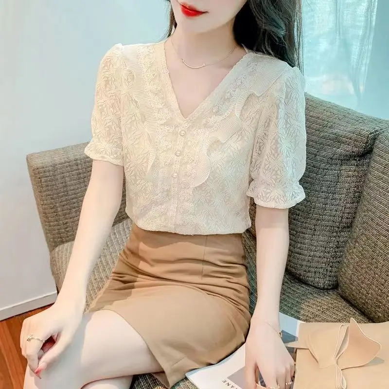 2024 New Summer Sexy Elegant Fashion Harajuku Retro Office Lady Women\'s Shirt Korean Style Button V Neck Short Sleeve Y2K Tops