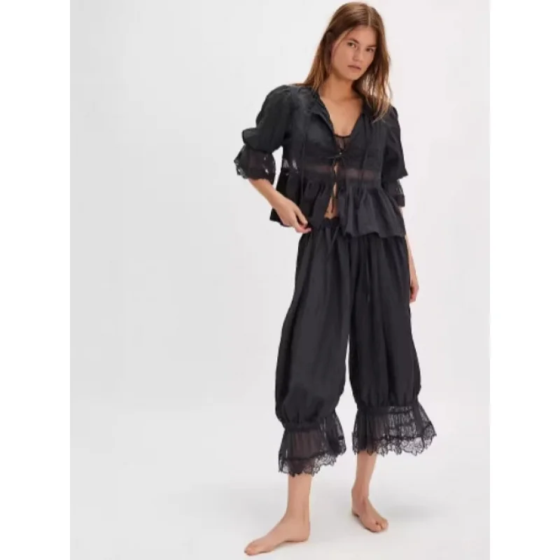 

Women Lace Ruffle Hem Cropped Harem Pants Elastic Drawstring High Waist Sleep Lounge Casual Home Vacation Trousers