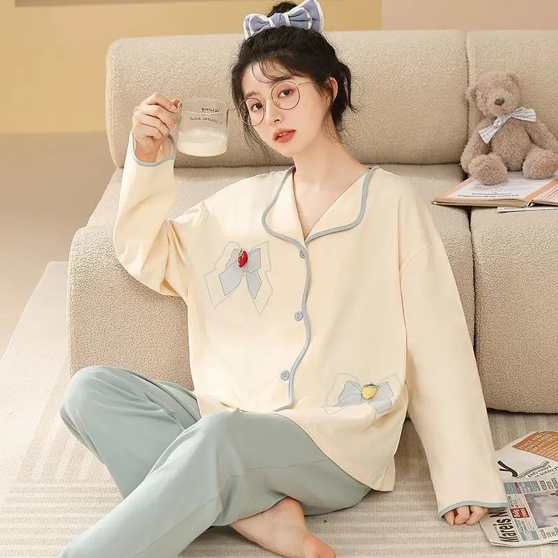 Women Pajamas 2024 Spring New Female Pure Cotton Long Sleeve Sweet Homewear Suit Loose V-neck Casual Fashion Sleepwear Sets