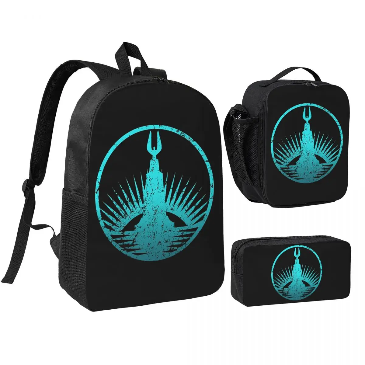 Sac à dos Bioshock Rapture Teal Faded pour garçons et filles, sac d'école, sacs à bandoulière, 3 pièces, sac à déjeuner isotherme, trousse à crayons