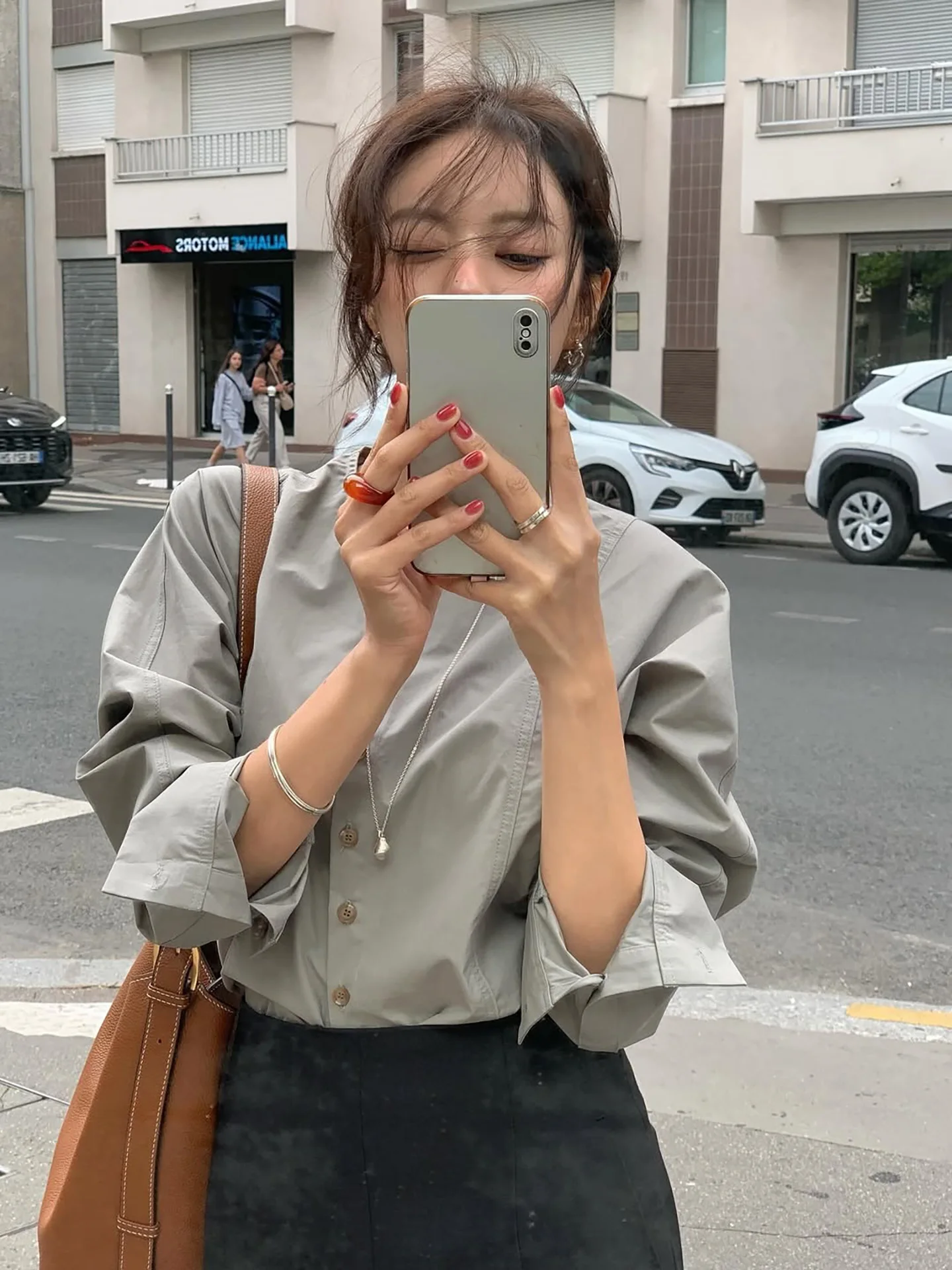 

Retro round Ne irt Early Autumn Design Lantern Sve Waist Cinching Slimming ey Ele Top Women's Faion Cotton irt