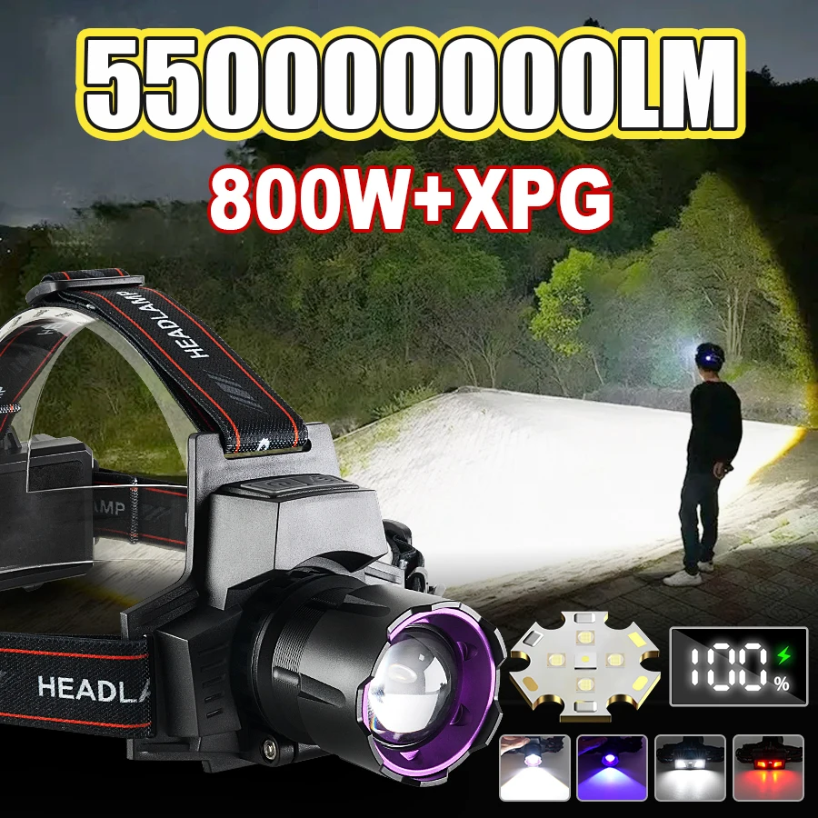 550000000 Lumen Forte Luce Faro Testa di Pesca Torcia Potente Faro Ricaricabile Lampada Frontale A LED Luce Viola Per Il Campeggio