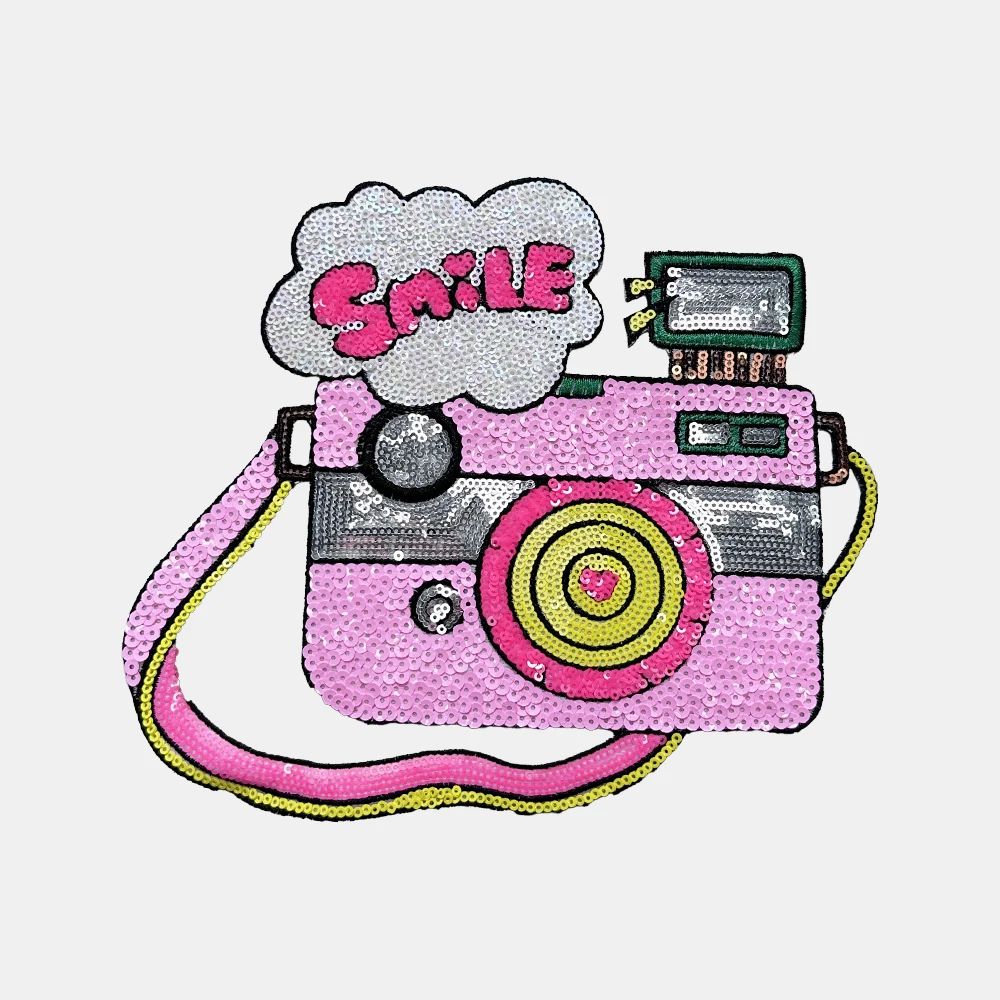 

1 Piece 23*20 cm Sequined Camera Patch Fashion Shining Iron on Patch for Clothing DIY Decoration Accessories Back Adhesive
