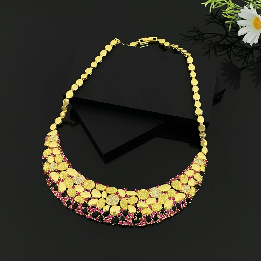 JRH Banquet Women's Simulated Zircon Jewelry Set Gold Plated Copper Bracelet Ring Necklace Earring for Gifts