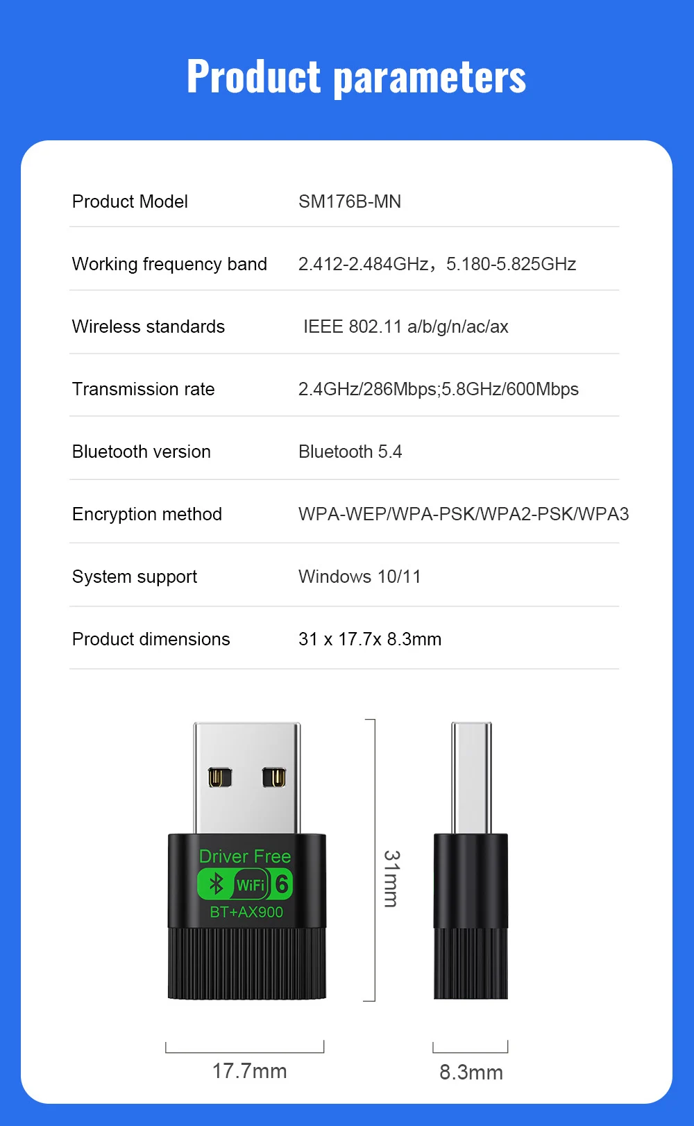 Kebidu WiFi 6 AX900 Bluetooth 5.4 USB-Adapter Drahtlose Netzwerkkarte 2,4G&5GHz Wi-Fi-Empfänger Treiberfrei für PC/Laptop Win10/11 – Detail 11