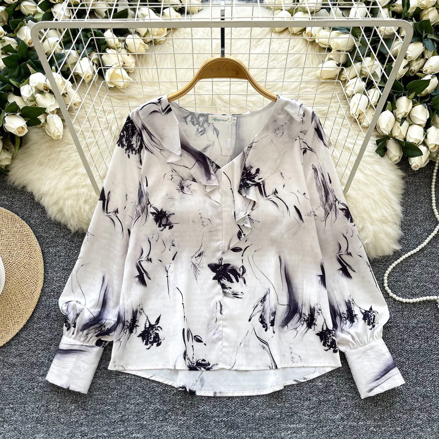 Elegant Asymmetrical Ruffle Vintage Sexy V-neck Basics Long Sleeve Chic Print Top Women Korean Fashion High Street Autumn Blouse