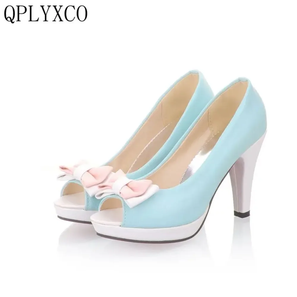 QPLYXCO  Fashion Big Small Size 31-45 Summer Sandals Women High Heels Peep Toe Bow Wedding Party Pumps Ladies Footwear D21