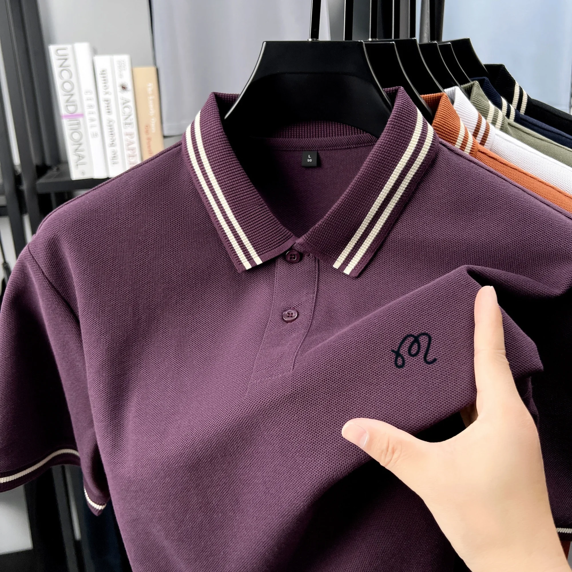 

Summer 100% Cotton Fashionable Exquisite Letter Embroidered Short Top Men Business Casual Best-selling Striped Collar Polo Shirt