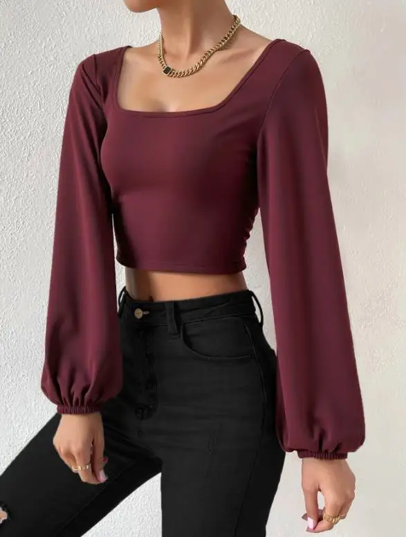 

Autumn and Winter New Wine Red Square Neck Short Knitted Top Women's Long Sleeved Retro Lantern Sleeve Slim Fit Base Shirt