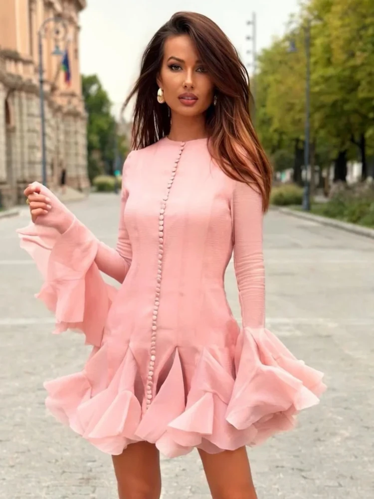 Sexy O Neck Flare Sleeve Ruffles Mini Dress Women Pink White Long Sleeves Single Breasted Dresses Elegant Evening Party Gowns