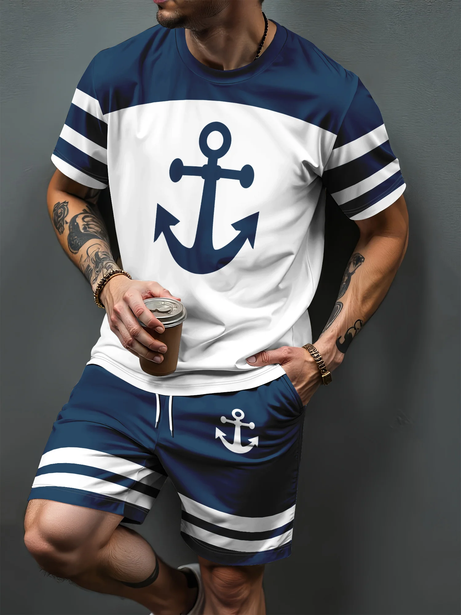 New Navy Anchor Print Men's Set Summer Outdoor T-Shirt & Drawstring Shorts Two-Piece Set Casual Sportswear Plus Size Men's Set