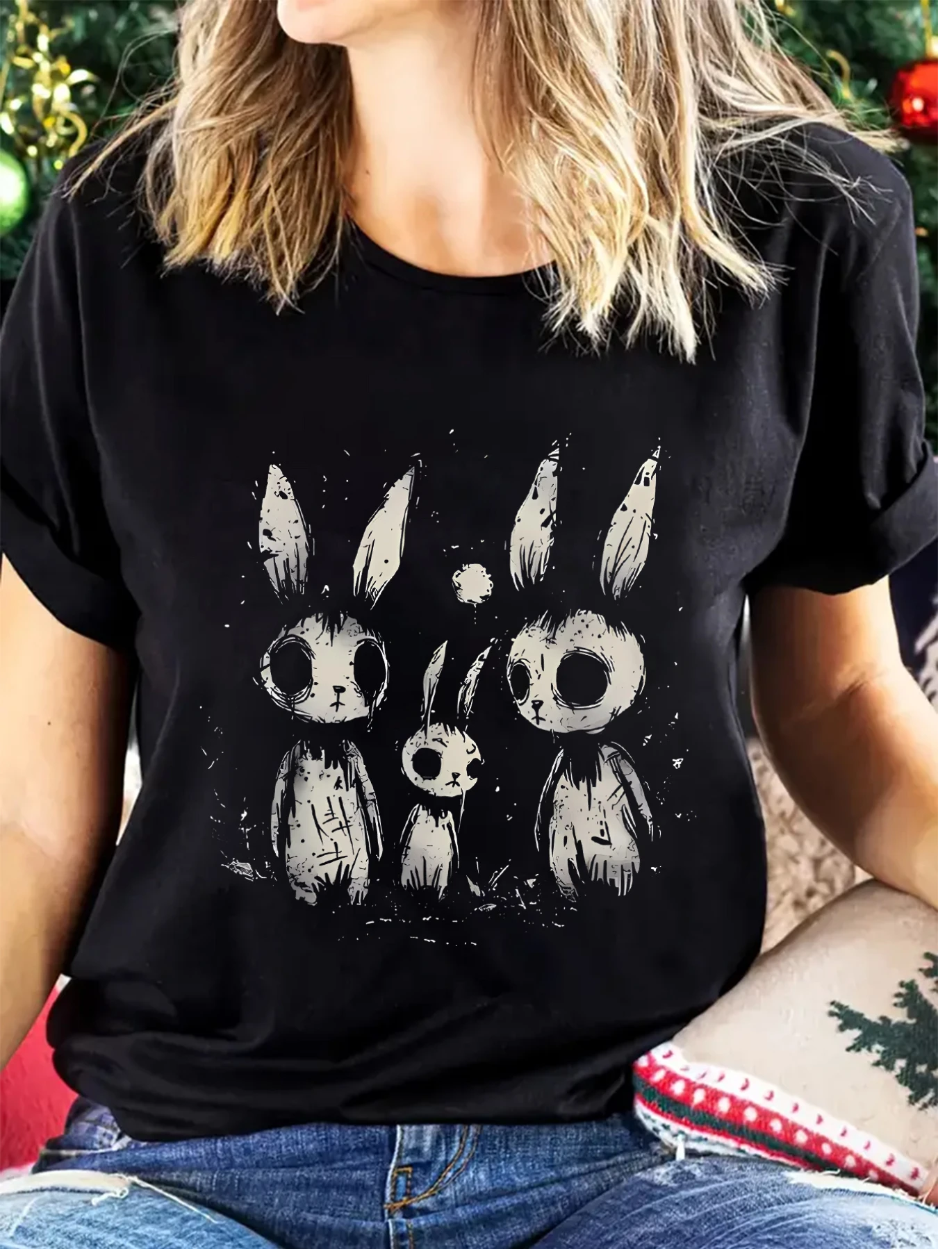 

Women'S Casual Crew Neck Lightweight Spring & Summe Women'S Rabbit Family Graphic T-Shirt Stretchy Everyday Cute Bunny Print