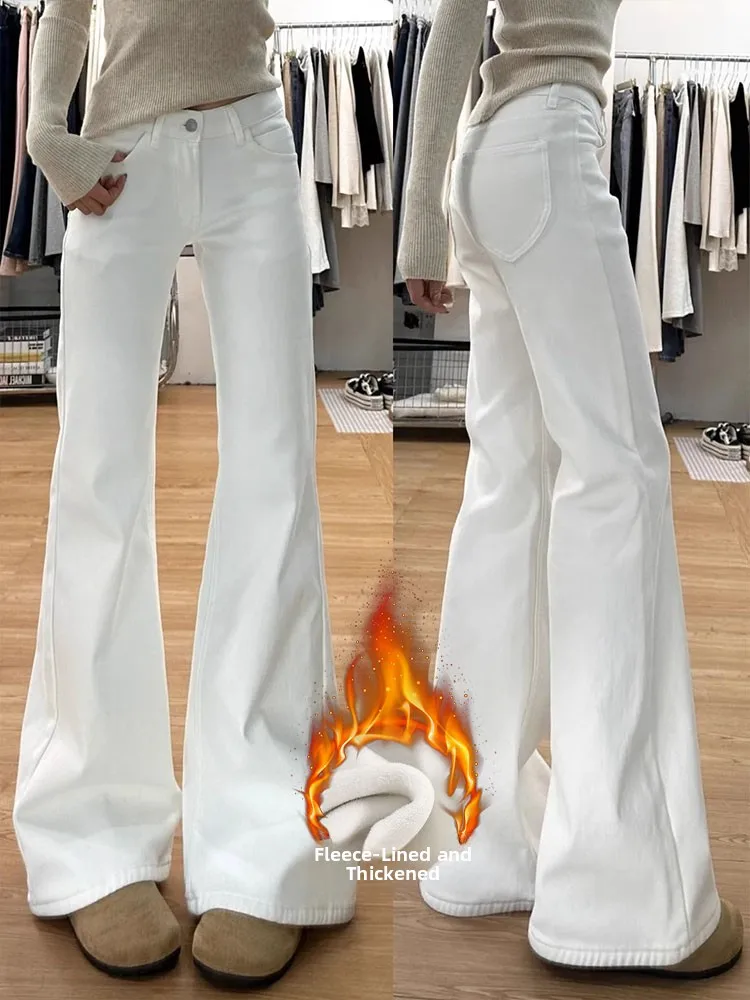 

White Fce Lined Bell Bot Jeans Women's High Waist Stretchy plus Size Slimming Denim Pants Casual Cotton Blend Winter Wear