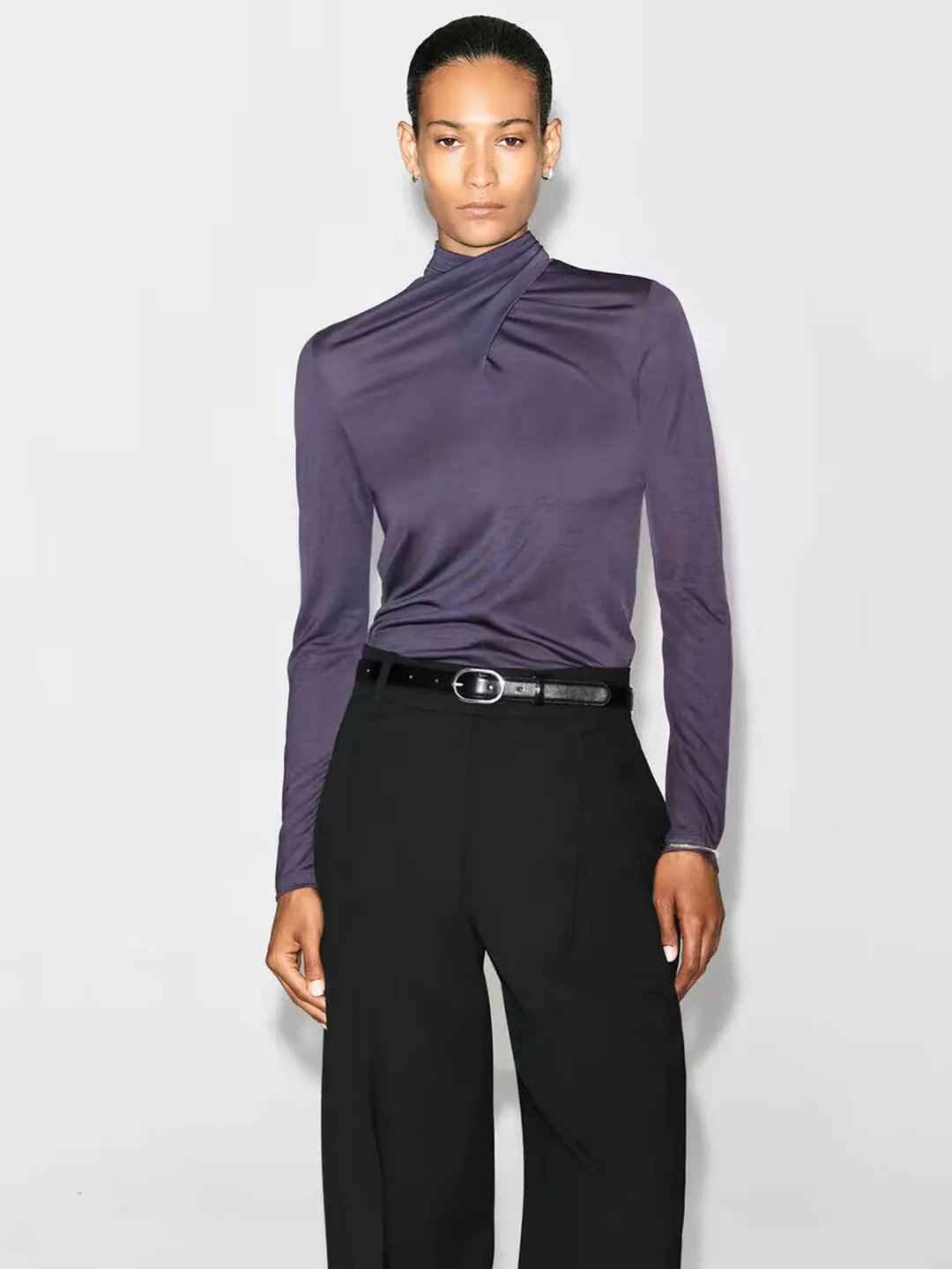 Elegant Deep Purple Slim Fit Top with Scarf Details New Autumn 2026 Women's Fashion High Collar Long Sleeve T-Shirt