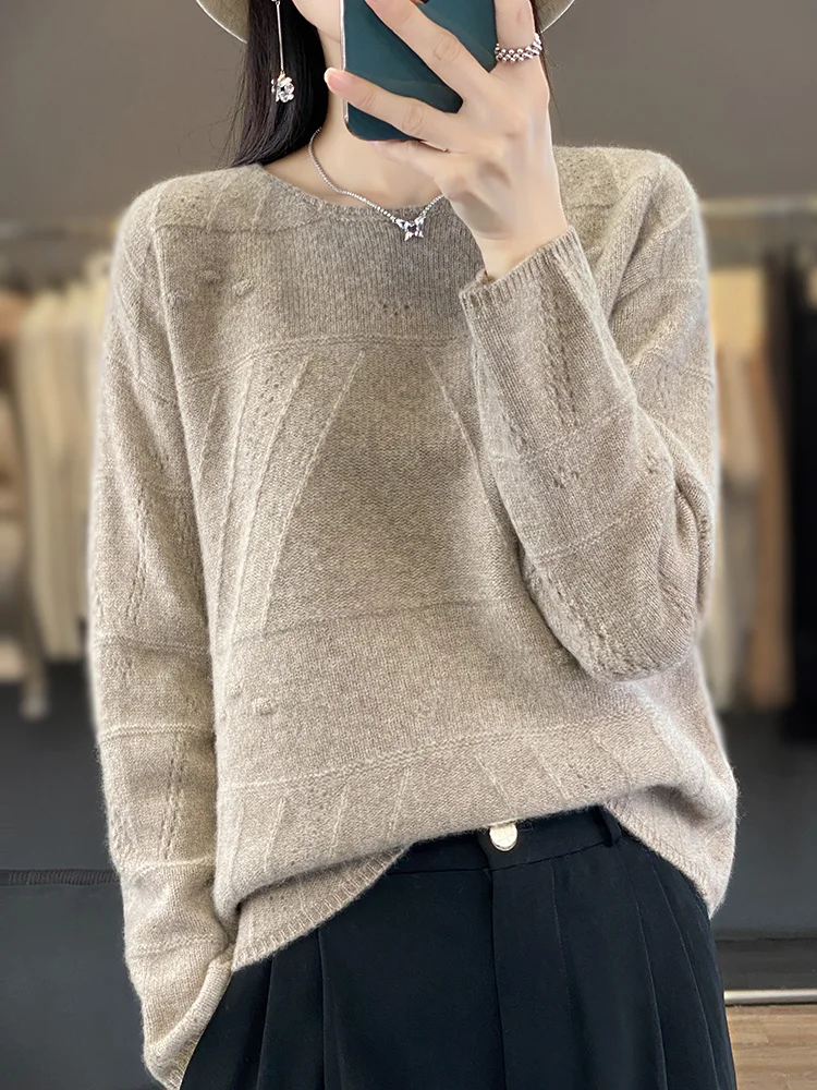 New Chic Women Sweater Autumn Winter Office Lady O-neck Pullover 100% Merino Wool Long Sleeve Cashmere Knitwear Female Clothing