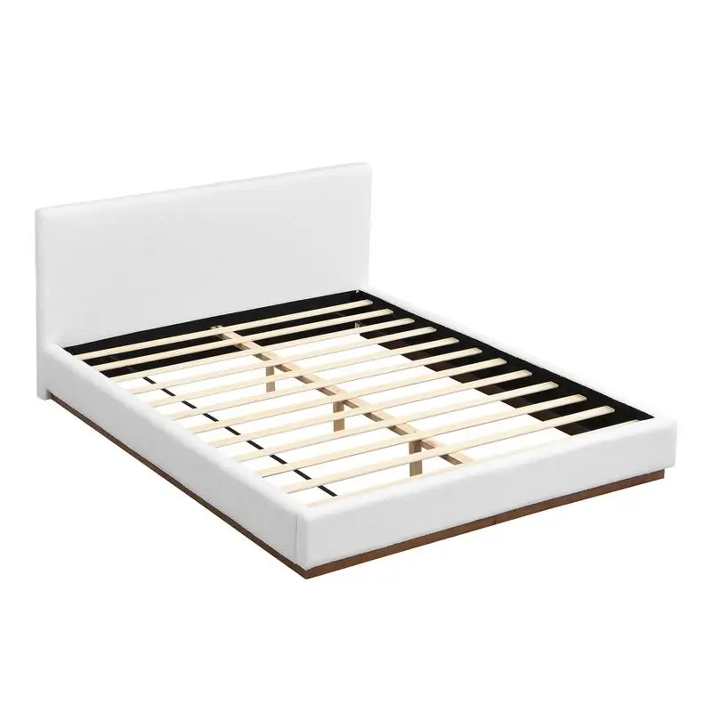 Cama estofada branca elegante com estrutura de base de madeira maciça texturizada de grão de madeira, tamanho Queen