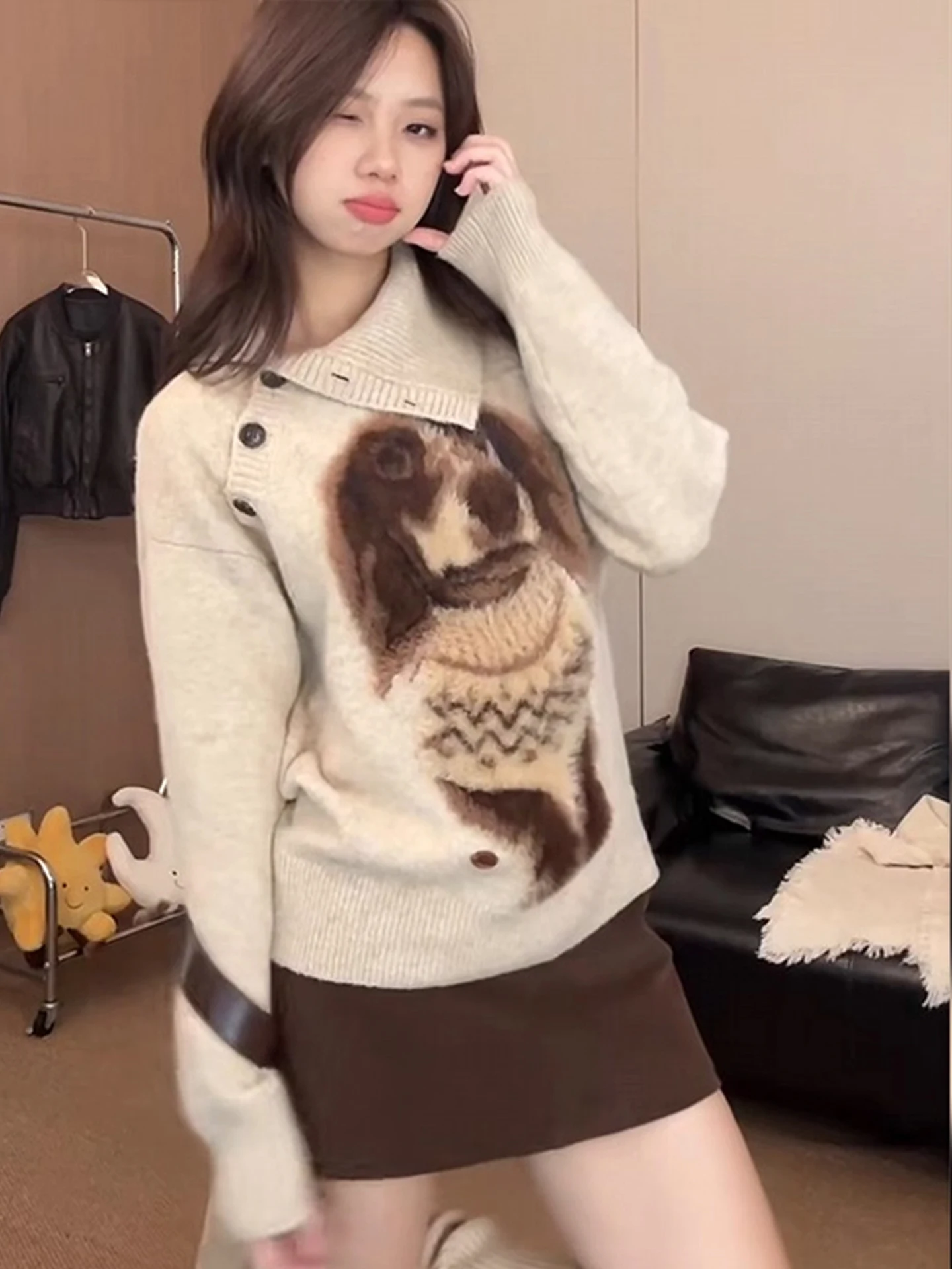 

Korean Sle Embroidered Print Sweater Women's Autumn Winter Loose Lazy Top Button up High Collar Knittedwear Casual Faion