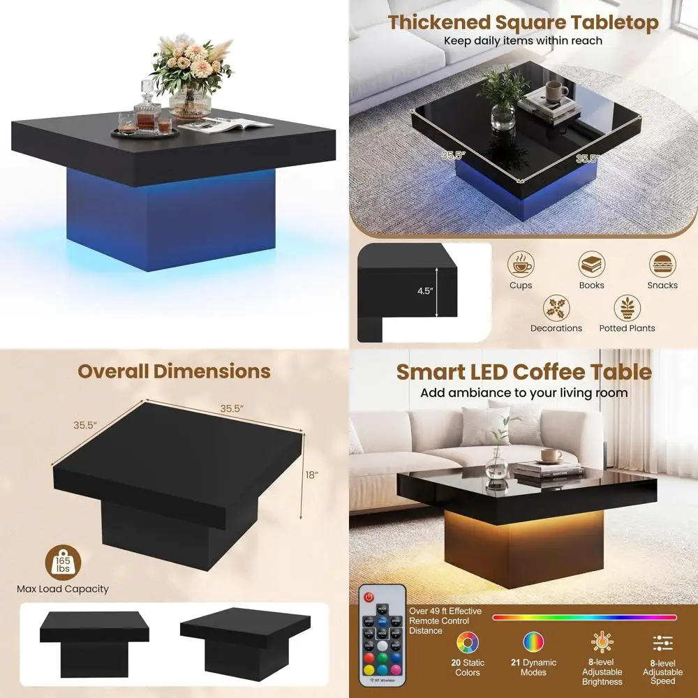 

Квадратный LED-столик для кофе 35,5 дюйма с отсеком для хранения, регулируемой подсветкой, настройкой скорости и яркости, пультом ДУ, глянцевый черный, деревянный каркас