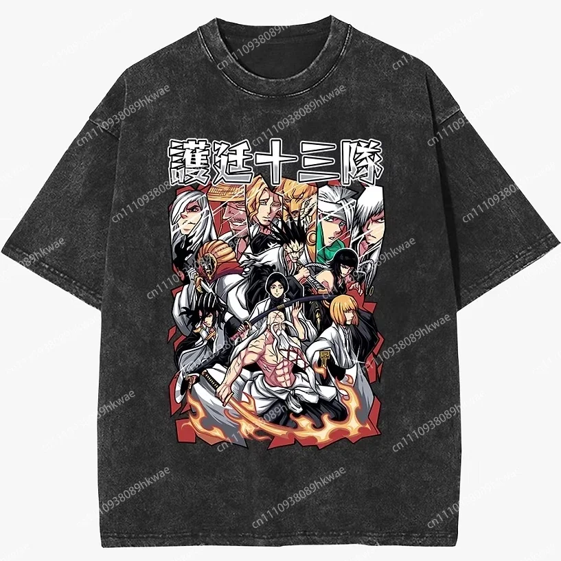 Bleach Ichigo Kurosaki Multi-form Hollow & Zangetsu Vintage Washed Anime Print T Shirt Men Casual Streetwear