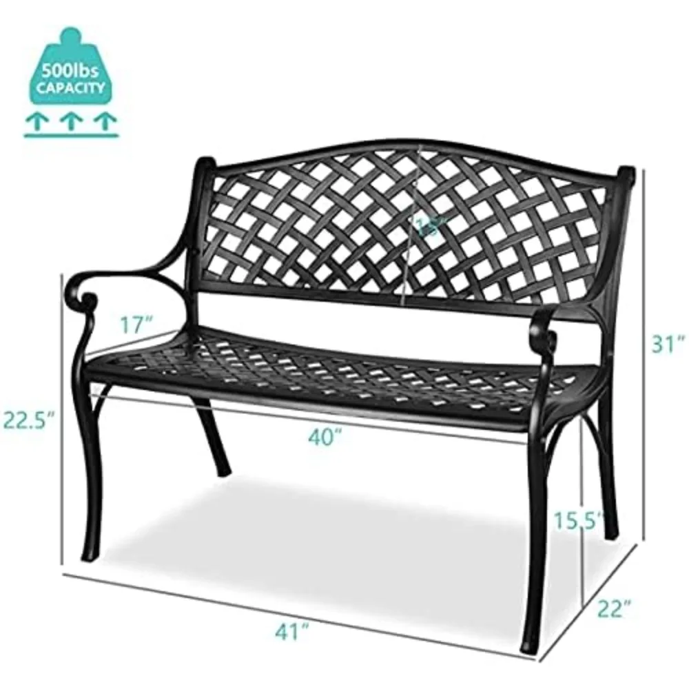 41” Outdoor Garden Bench with Armrests Sturdy Cast Aluminum Porch Loveseat Chair for All-Weather Patio Park Path Yard Lawn Work