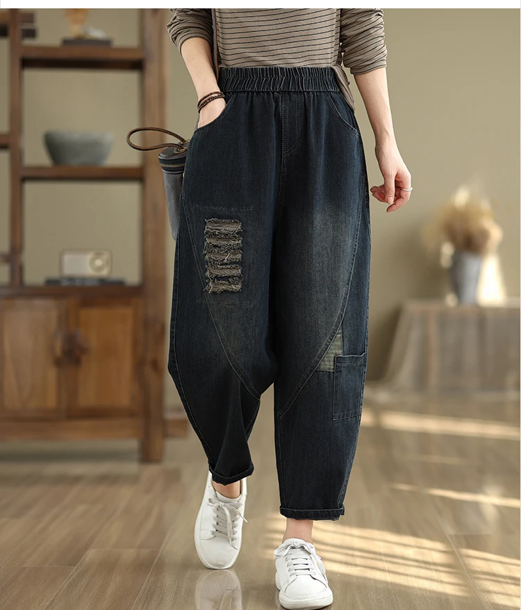 Jeans met wijde pijpen voor dames 2025, nieuwe herfst-denimbroek, oversized losse gescheurde radijsvader, harembroek met elastische taille