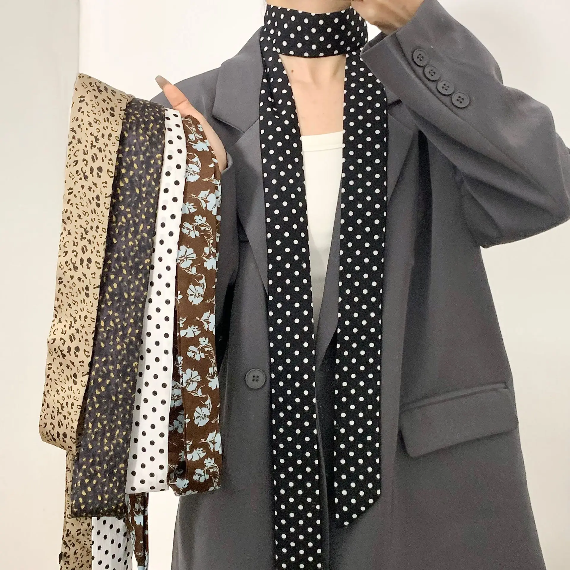 Black White Polka Dot Scarf Headband Women's New Style Long Necktie Korean Version Fashionable Accessory Hairband Waist Belt
