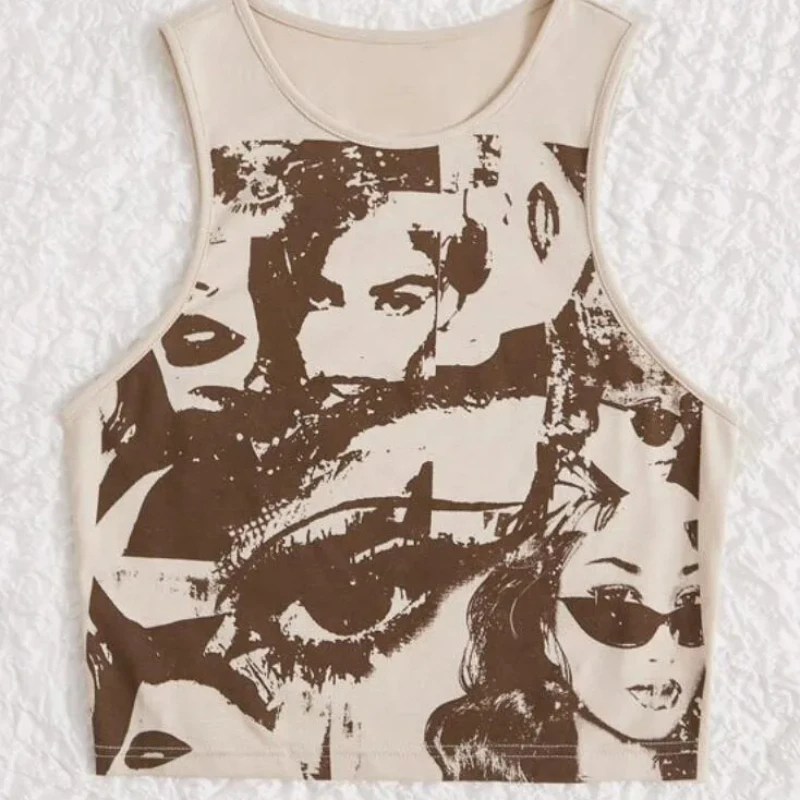 Portrait Graffiti Print Sleeveless Round Neck Retro Street Casual Versatile Women's Slim Fit Top Y2K Harajuku Gothic Short Vest