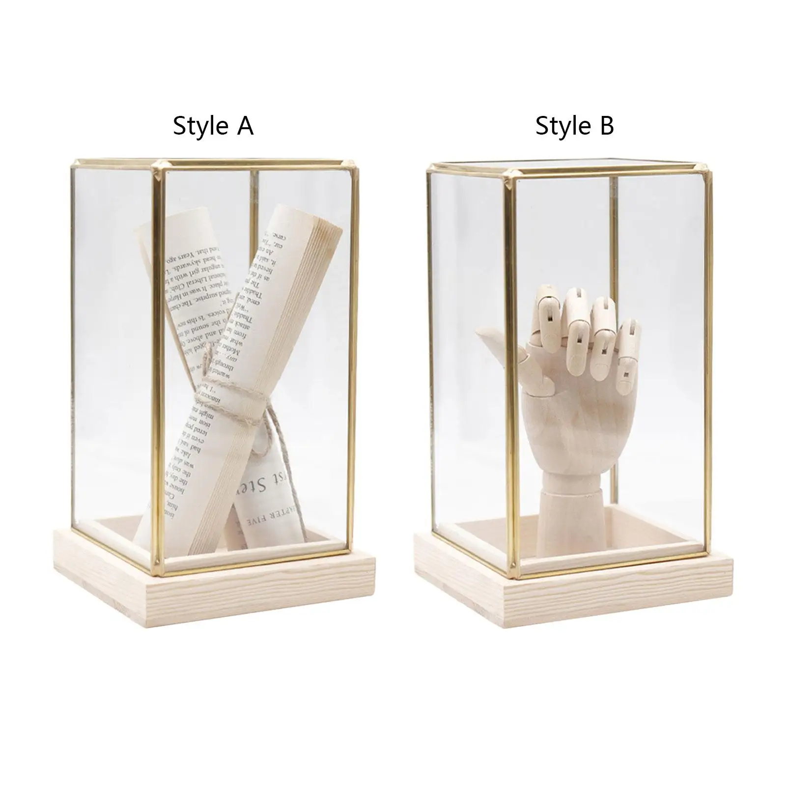 

Transparent Countertop Ornament Showcase Brass Frame Wooden Base for Multifunctional Tabletop 11.5x11.5x20cm