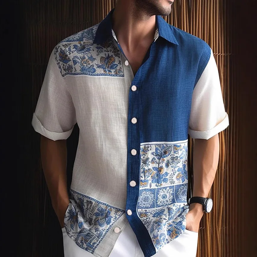 Men's summer light and breathable 3D printed short-sleeved shirt simple and fashionable business lapel button top vacation beach