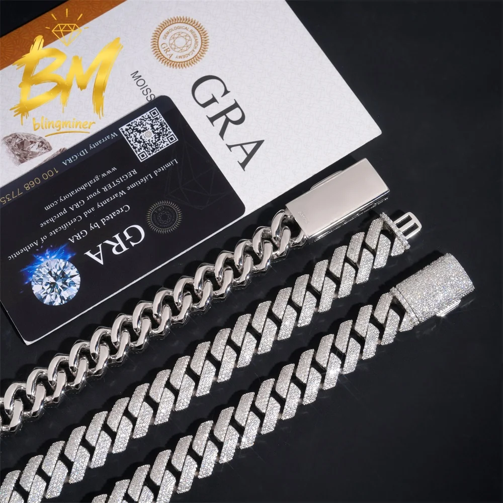 Blingminer 15mm 4 Row S925 Silver VVS Moissanite Cuban Link Chain Iced Out Necklaces For Men Jewelry Pass Diamonds Tester GRA