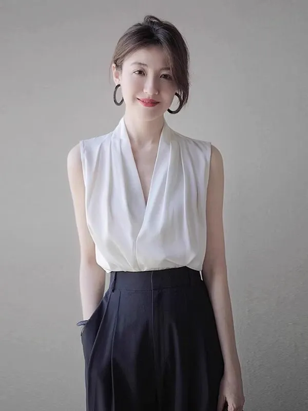 Silk V-Neck Strapless Tank Top White Satin Spring Autumn Suit Inner Wear Triacetate Sleeveless Hanging Neck Top Women's T-shirt