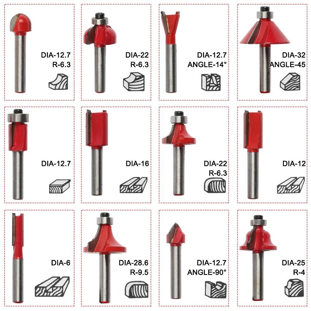 12 pz/set frese per legno 1/4 ''/8mmShank fresa in metallo duro per utensili da taglio per incisione di legno