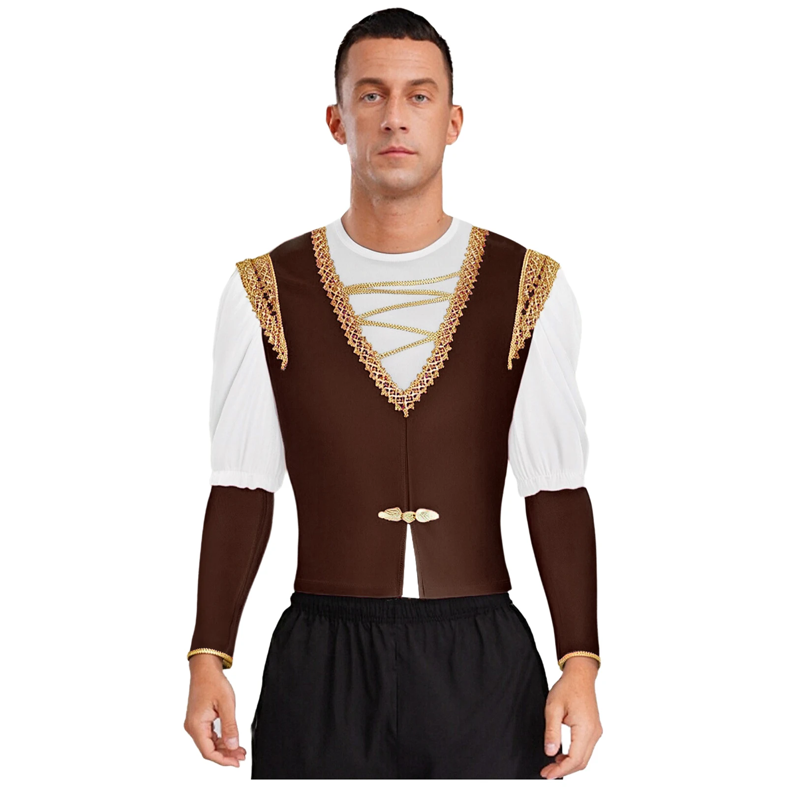 

Men Prince Steampunk Halloween Cosplay Costumes Ballet Dance Half Sleeve Velvet Shirt V Neck Gold Trim Vest and Removable Sleeve