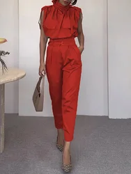 Summer Women Solid Patchwork Chic Matching Set, Cargo Pants Fashion Simple Outfit, Sleeveless Turtleneck Ladies Suits Streetwear
