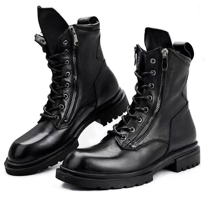 Motorcycle Safety Riding Shoes Men Lace Up Riding Boots High Top Thick Bottom Round Toe Real Leather Warm Retro